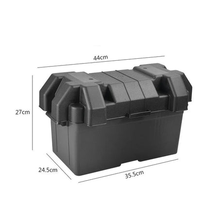 Black PP plastic battery storage box with strap and screw fixing in large and small sizes.