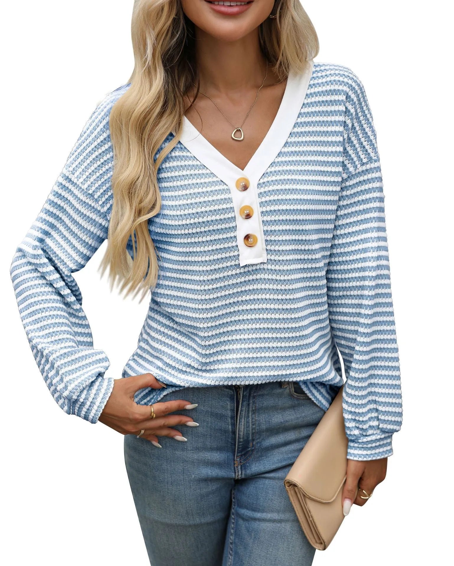 Women's loose fit V-neck patchwork pullover top in polyester knit fabric