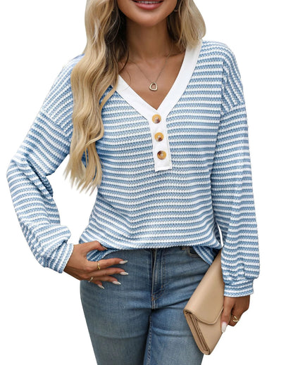 Women's loose fit V-neck patchwork pullover top in polyester knit fabric