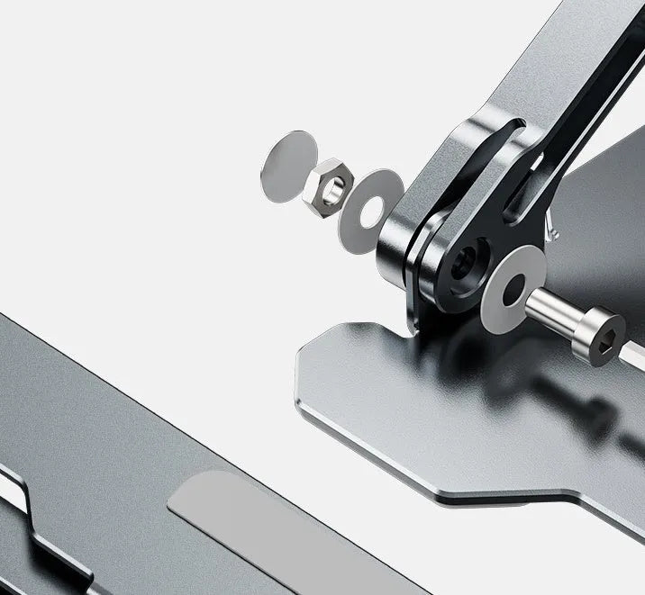 Grey aluminium alloy laptop stand with adjustable angle and folding legs for portable use