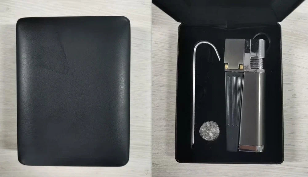 Portable foldable mini pipe with metal cap lighter showing 8cm folded size and wind-resistant function