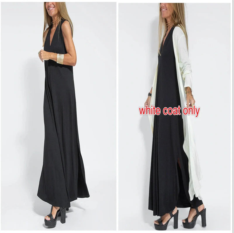 Women's V-neck sleeveless dress and long cardigan jacket set in solid colors