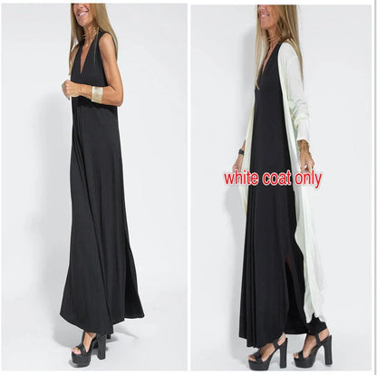 Women's V-neck sleeveless dress and long cardigan jacket set in solid colors