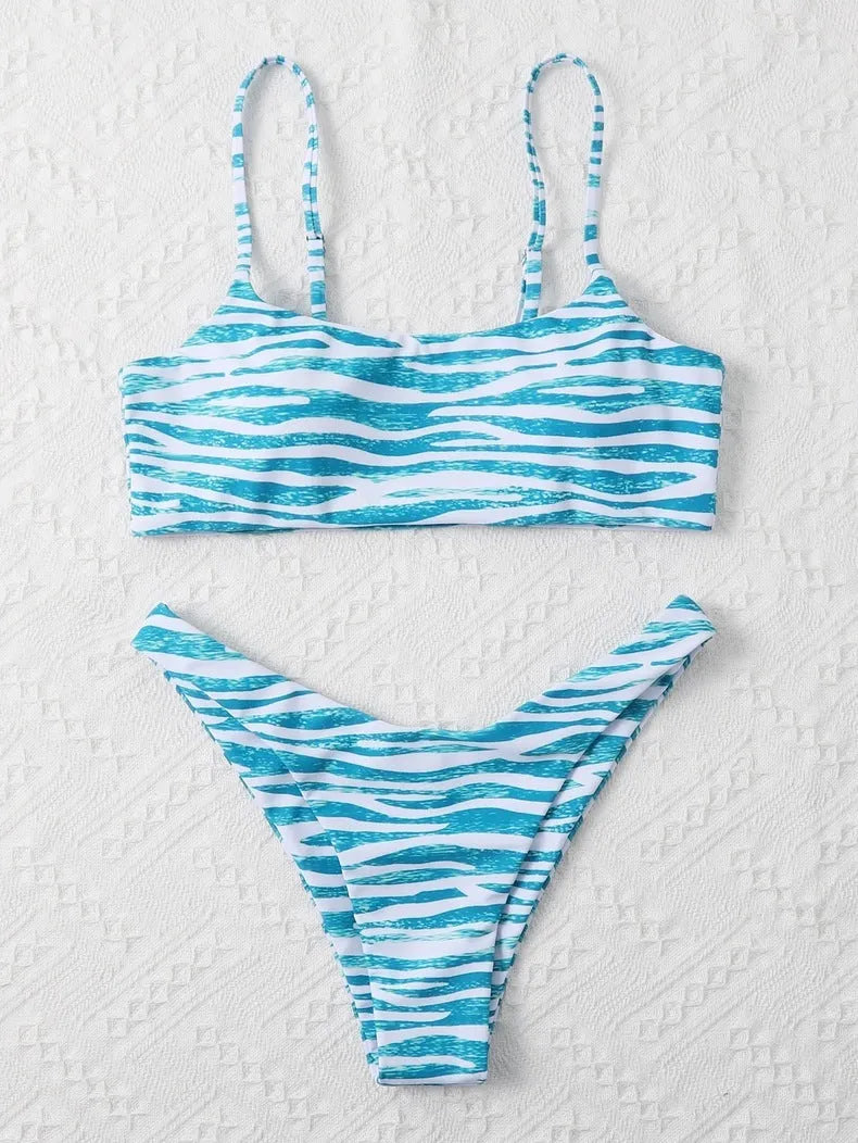 Ladies two piece bikini set with striped pattern in eight colours, sizes S to XL