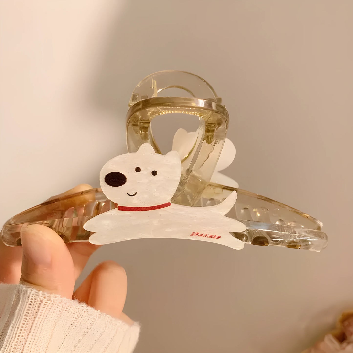 Korean style cartoon puppy barrettes hair grips in beige and brown with puppy face handles