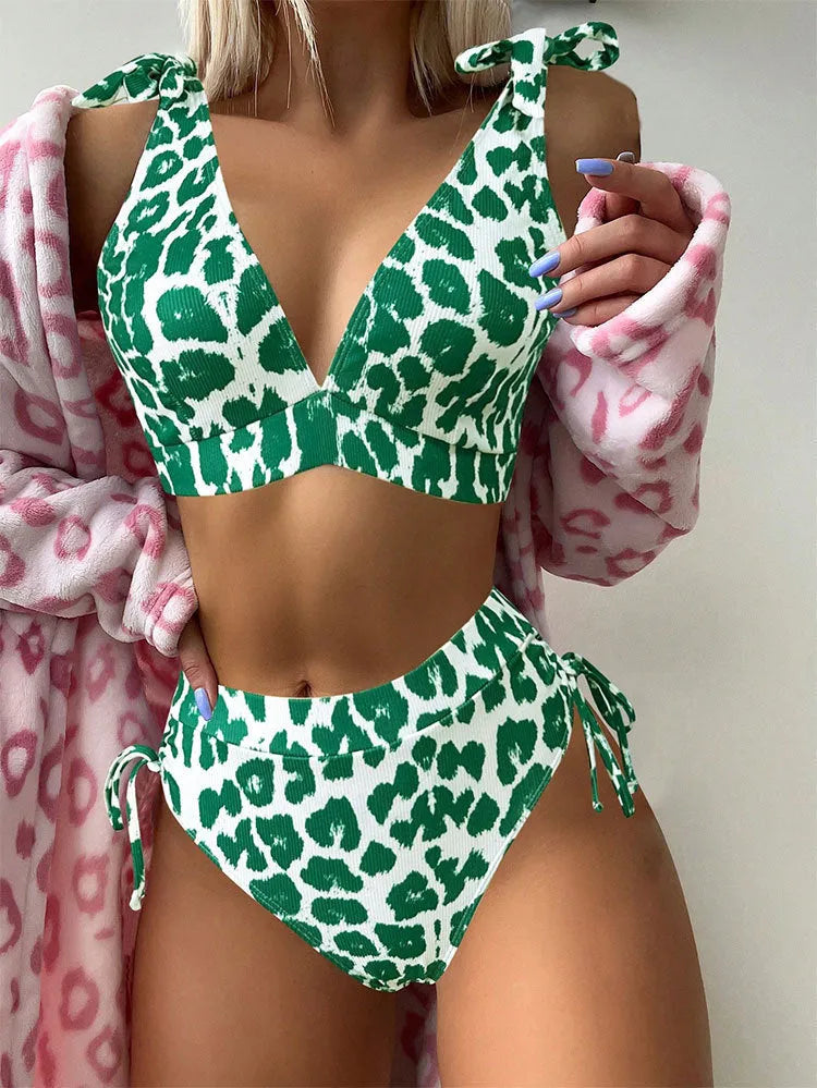 Women's purple leopard print lace-up top and high-waist shorts two-piece suit set