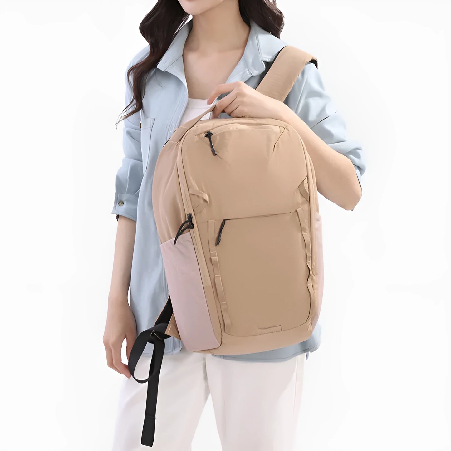 Waterproof Taslan composite cloth backpack in a solid colour with a curved shoulder strap