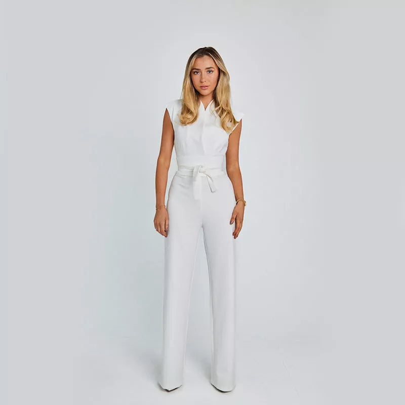 Women's sleeveless V-neck jumpsuit in black, white, or khaki with wide leg design