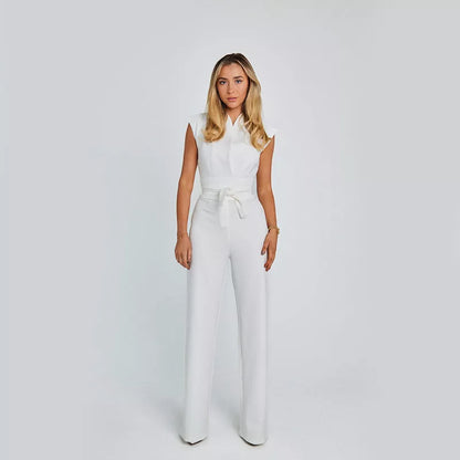 Women's sleeveless V-neck jumpsuit in black, white, or khaki with wide leg design