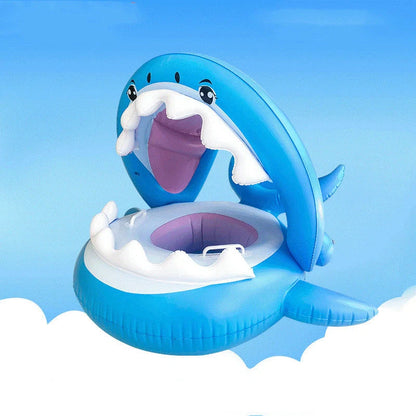 Inflatable shark seat ring for kids with sun awning, blue color