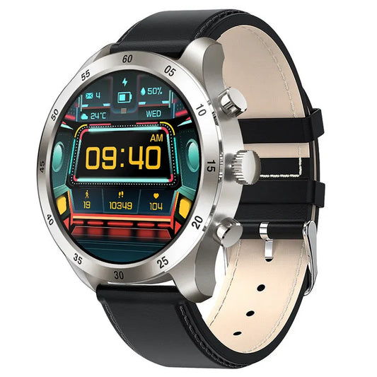 Black smart watch with interchangeable strap options including steel and leather, showing display with health metrics