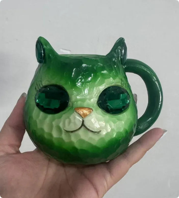 Crystal Earth Cat Cup resin crafts decorative item with cat motif in purple, green, blue, or pink colour