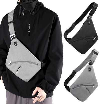 Men's black Oxford cloth chest bag with letter print worn over shoulder