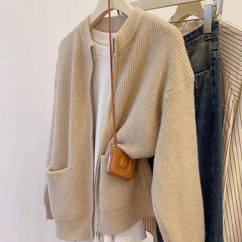 Long-sleeve viscose fibre sweater coat in beige, grey, black, or khaki, showing cardigan style and size options