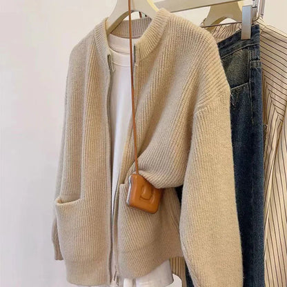 Long-sleeve viscose fibre sweater coat in beige, grey, black, or khaki, showing cardigan style and size options