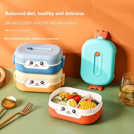 Dark blue divided lunch box with three compartments showing measurements and microwave-safe symbol