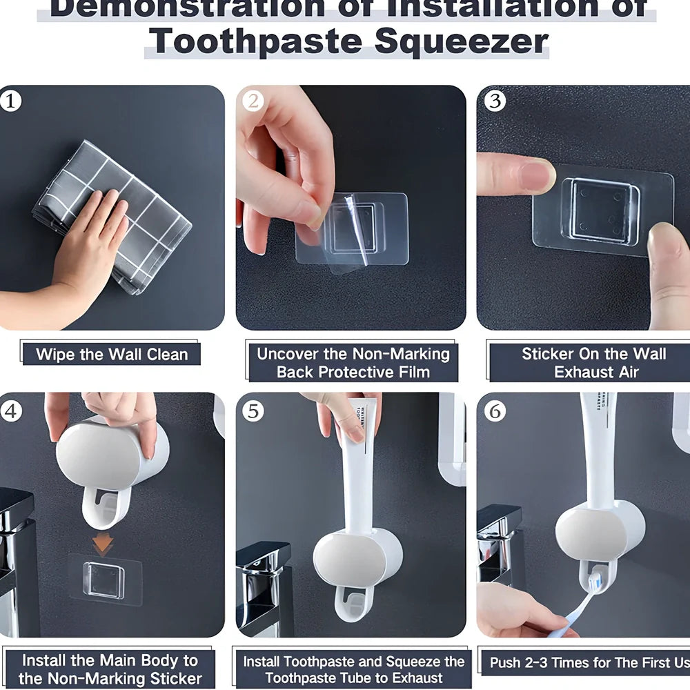 Black wall mounted automatic toothpaste dispenser with squeeze mechanism and dustproof toothbrush storage