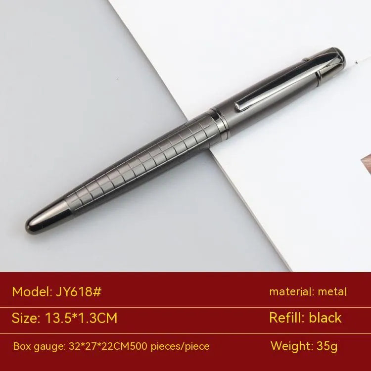 Gun grey metal rollerball pen with a metal barrel on a flat surface.