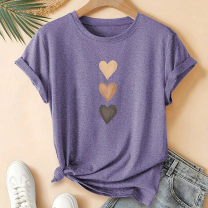 Women's dark gray pure cotton T-shirt with three heart art retro print, short sleeves and round neck.