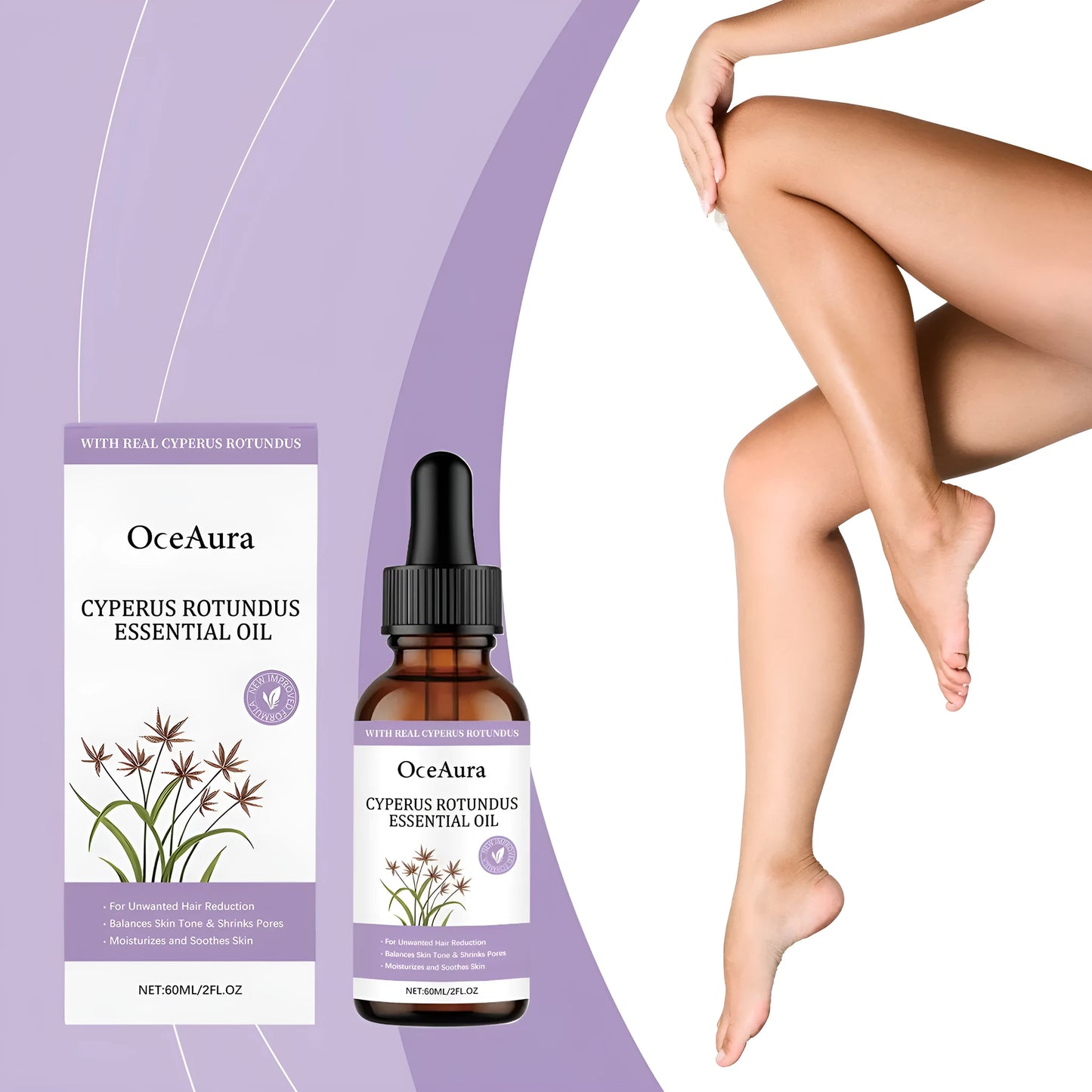 60ml bottle of hair removal treatment essential oil with botanical extracts