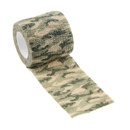 Roll of non-woven elastic camouflage bandage tape in a forest pattern, 4.5 metres long and 5cm wide.