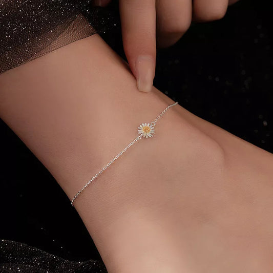 S925 Silver Mori Style Anklet with pastoral floral design for women