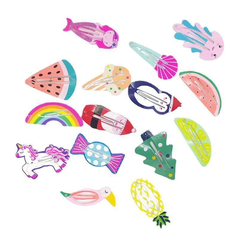 Colourful metal hair barrettes for children with printed watermelon, strawberry, pineapple and Christmas designs.