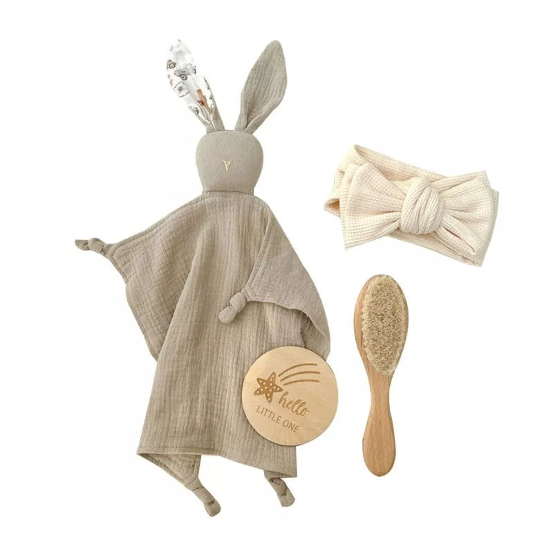 Natural cotton baby bath toy set with wooden rattle and comfort towel