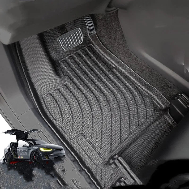 Waterproof TPE car mats for Tesla Model X showing tailbox and cabin protection