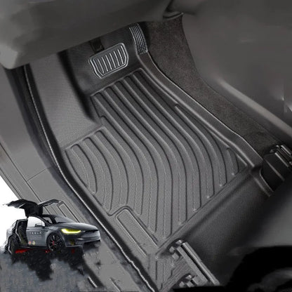 Waterproof TPE car mats for Tesla Model X showing tailbox and cabin protection