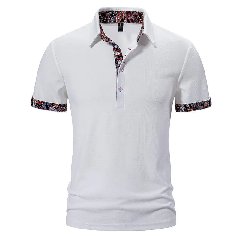Men's polo shirt in cotton blend fabric with colour stitching at neck, available in white, black, or navy blue with European sizing