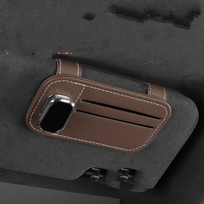 Cowhide leather car sun visor card holder with glasses clip in beige, black, mocha, grey or wine red
