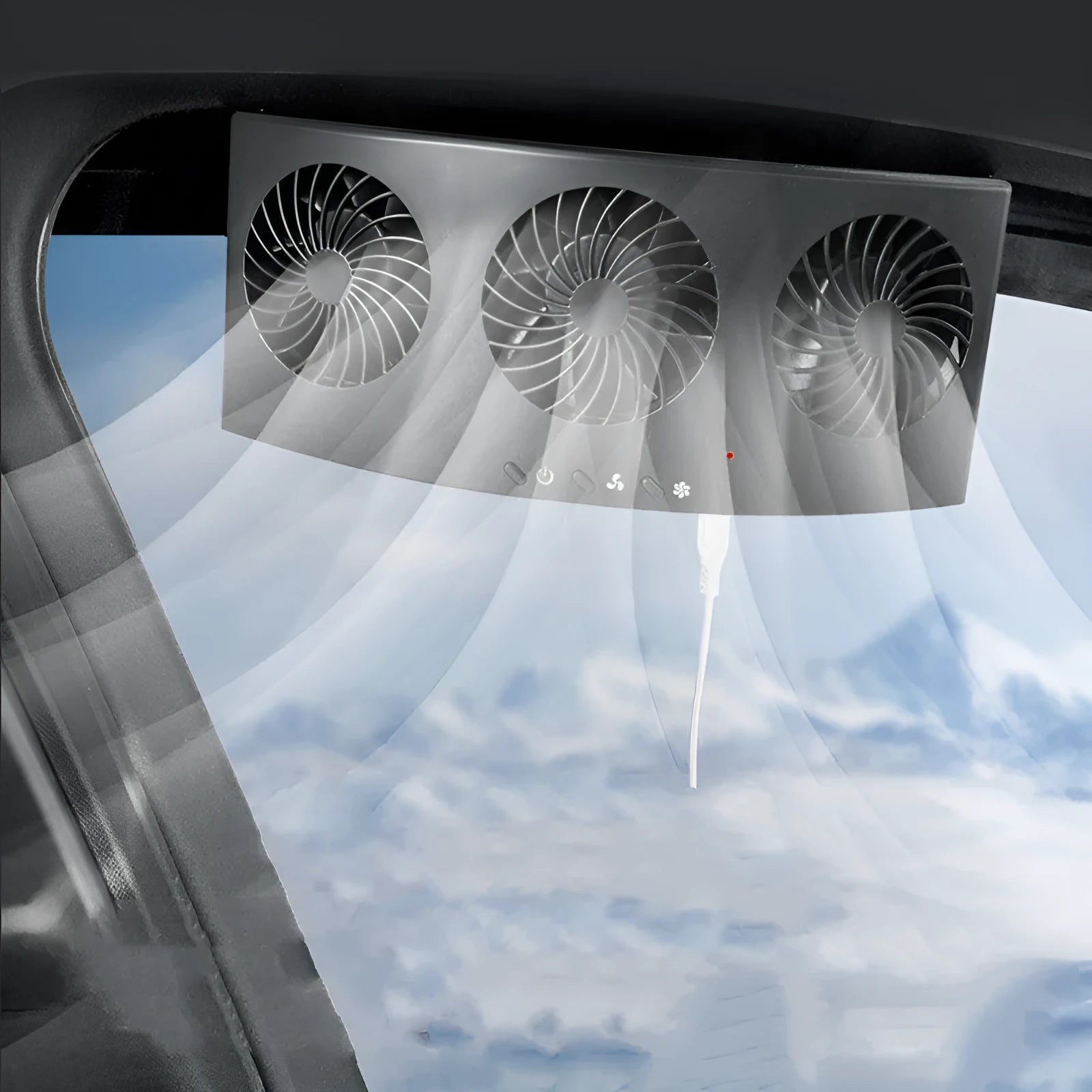 Compact black and white USB-powered car ventilation fan on a dashboard.