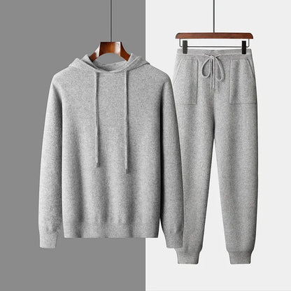 Men's cashmere hooded sweatshirt and trousers set in light grey or dark grey for winter leisure wear