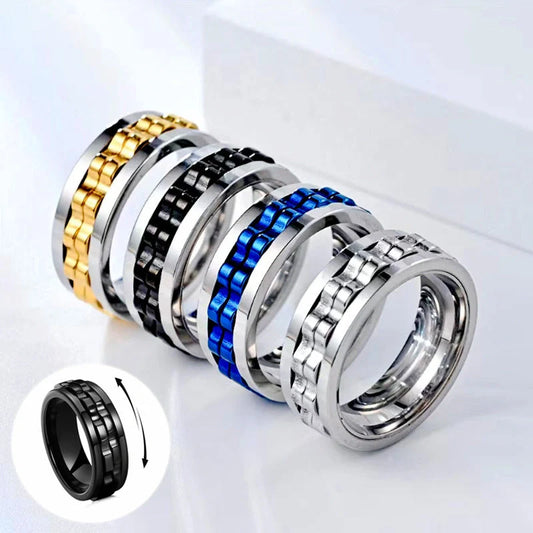 Men's titanium spinner ring with square texture and rotating gear in various colors