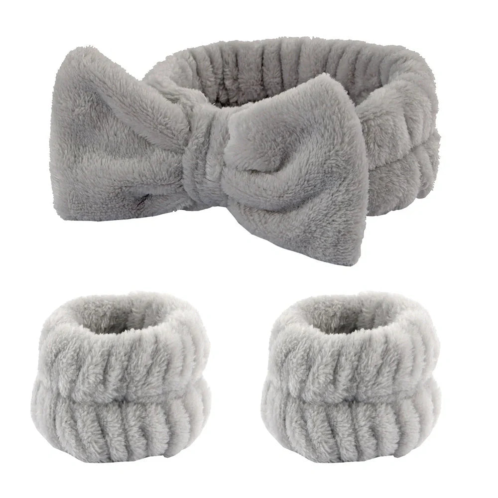 Coral velvet wrist washband with elastic band for facial cleansing, grey colour option shown