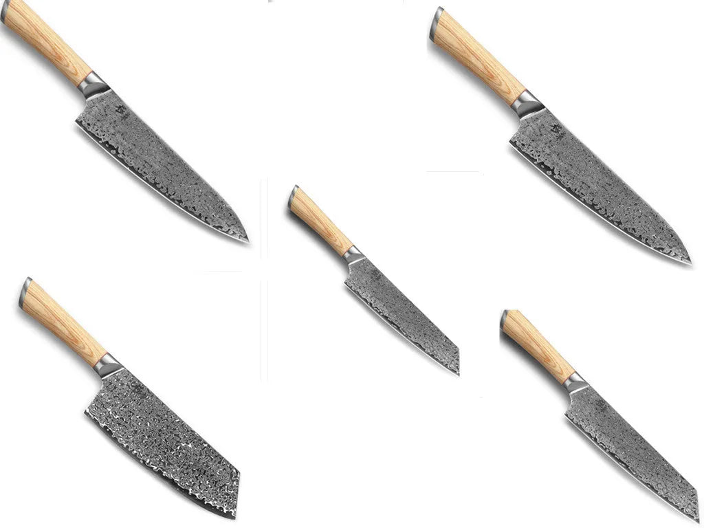 Damascus pattern kitchen knife set with eight stainless steel blades in various sizes