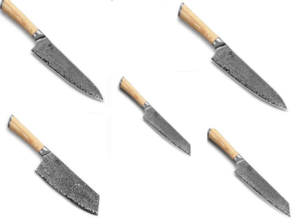 Damascus pattern kitchen knife set with eight stainless steel blades in various sizes
