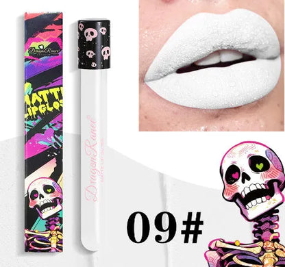 Halloween skull test tube lip gloss in gold and silver matte metallic shades showing doe-foot applicator.