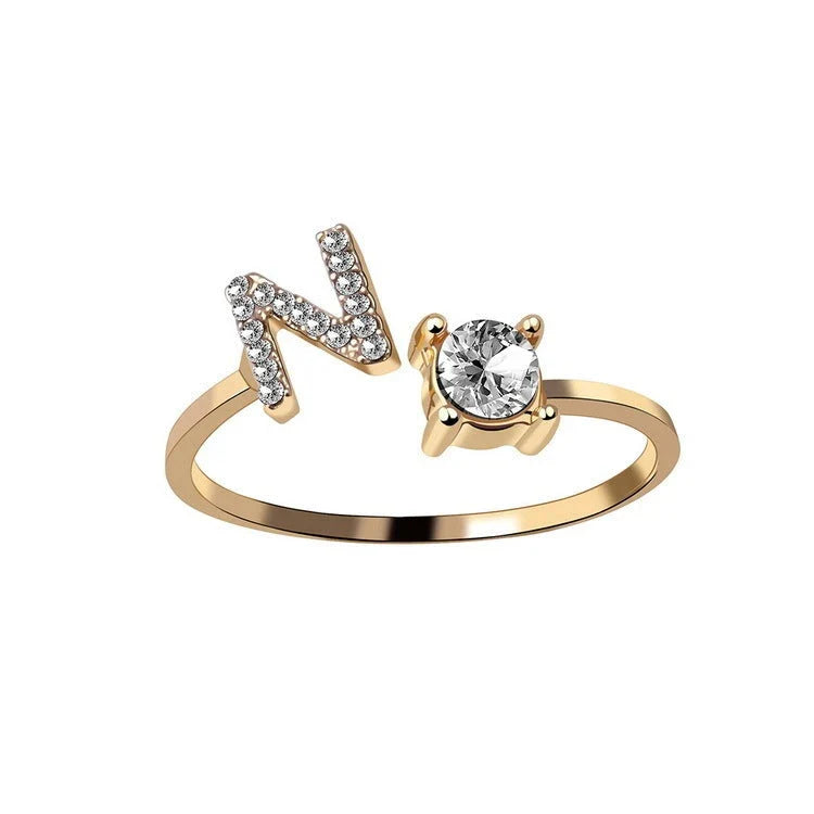 Personalized Initial Letter Adjustable Ring made of copper alloy and zircon, showcasing a vintage-inspired design