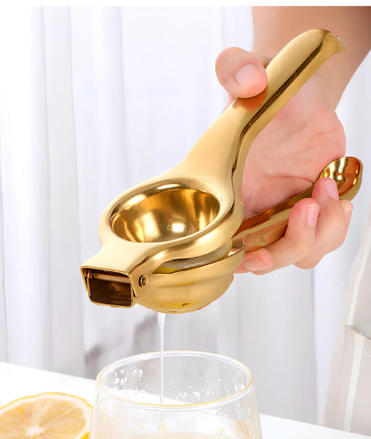 Manual stainless steel juicer with 5.5cm feed opening in gold finish on kitchen counter