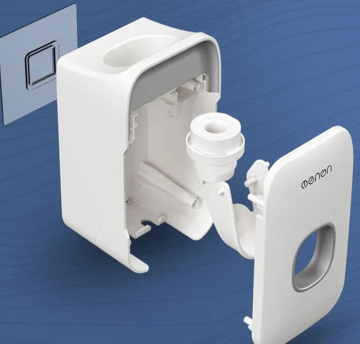 Automatic toothpaste dispenser with motion sensor and LED light in blue, grey or pink colours mounted on bathroom wall