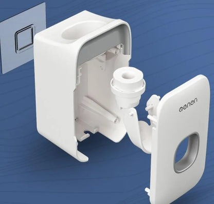 Automatic toothpaste dispenser with motion sensor and LED light in blue, grey or pink colours mounted on bathroom wall