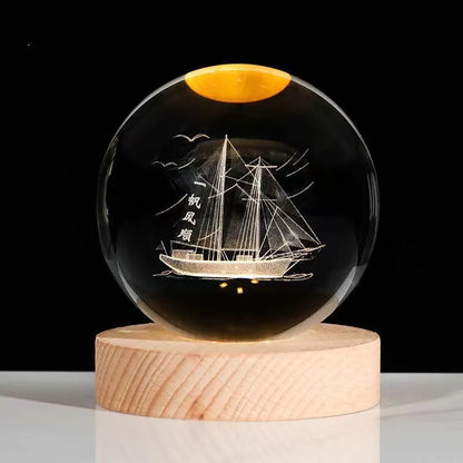 Crystal ball night light projecting 3D starry sky and planets with solid wood base