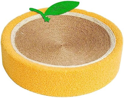 Round yellow cat scratching board with sisal surface measuring 390mm diameter, concave centre for cat sleeping