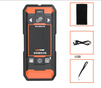 Handheld multifunctional wall detector for finding metal, wires, and wooden studs behind walls.