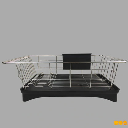 Black stainless steel dish drying rack with drain board and removable cutlery holder