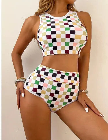 Women's black and white checkerboard print backless racing swimsuit with suspender straps