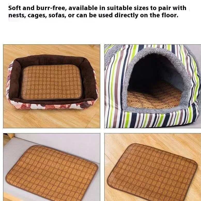 Brown rattan fibre dog cooling mat with open weave construction for summer use