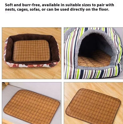 Brown rattan fibre dog cooling mat with open weave construction for summer use